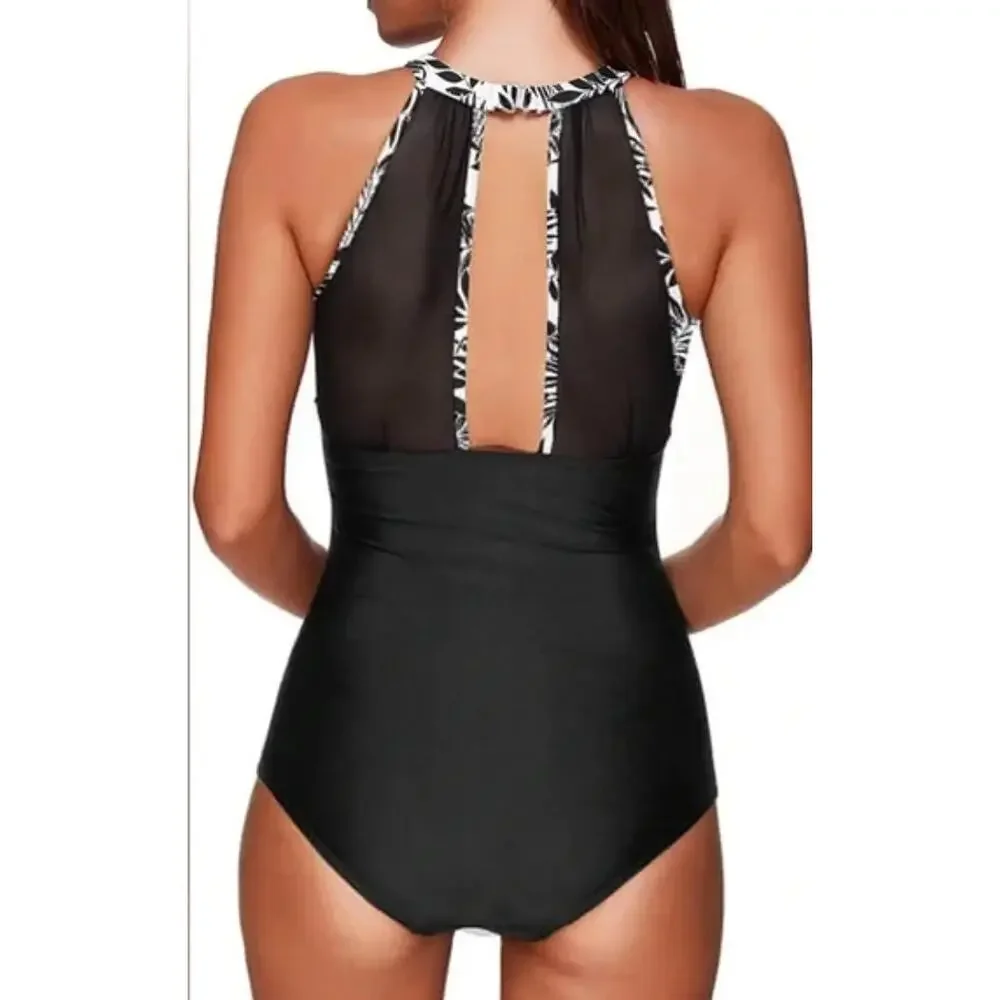 Tempt Me Black White One Piece High Neck Tummy Control Bathing Suit Size M NWT - Picture 2 of 16
